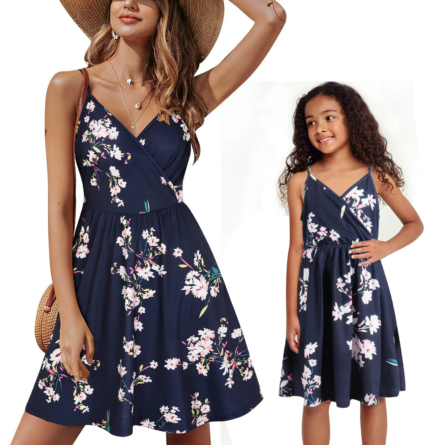 Conjunto de vestidos de playa para madre e hija, ropa azul Floral con cuello en V, sin mangas, 2022