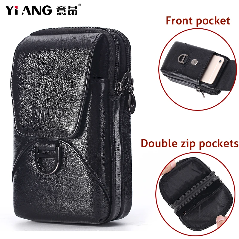 Мужская поясная сумка из натуральной кожи с двойной молнией и крючком |