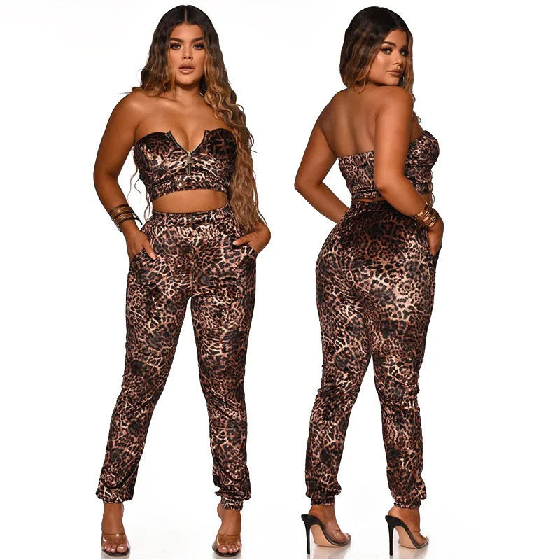 

Leopard Print Sexy Outfits 2 Piece Set Autumn Off The Shoulder Zip Up Bandage Crop Top Bodycon Sweatpant Matching Sets Tracksuit