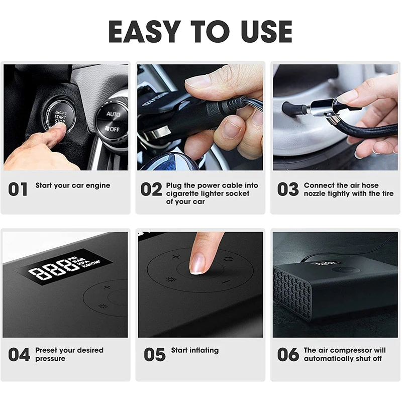 Comprar Compresor De Aire Portátil Para Neumáticos De Coche, Inflador De Neumáticos DC 12V 100W Con Linterna LED, Bomba De Aire Con Pantalla LCD HD Para Bicicleta