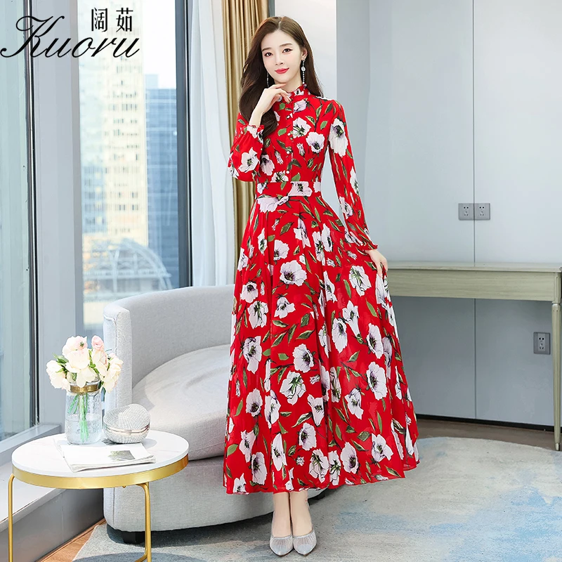 Платье-Макси женское шифоновое с длинным рукавом и цветочным принтом - купить по