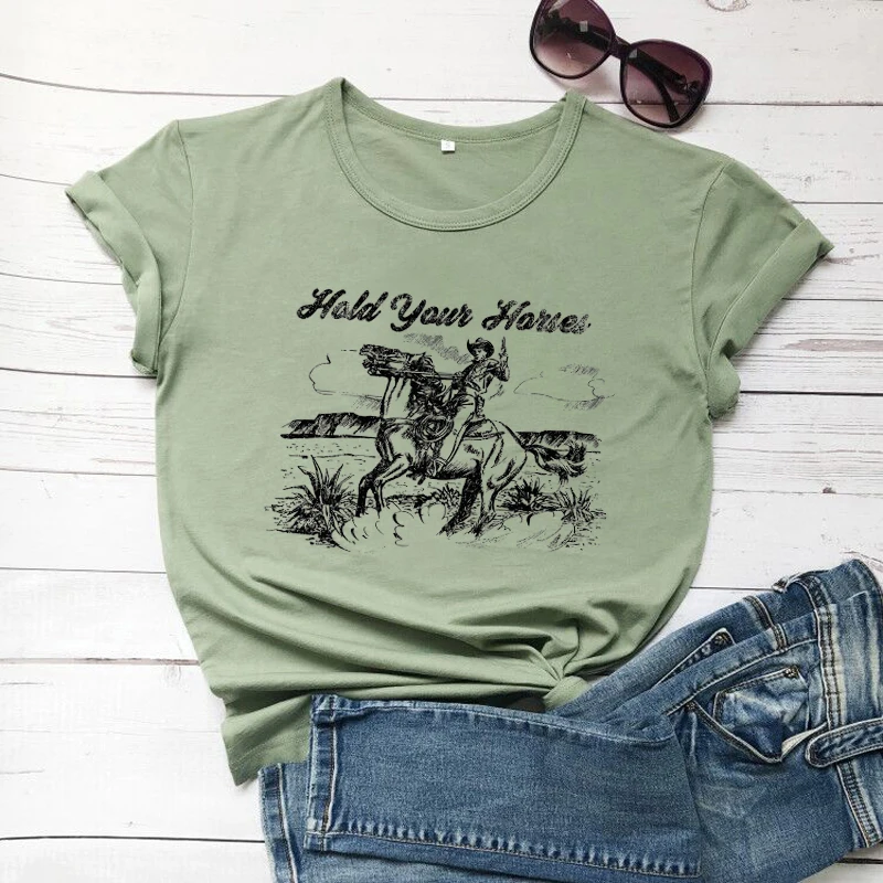Футболка с надписью Hold Your Horse модная футболка в уличном стиле из чистого хлопка