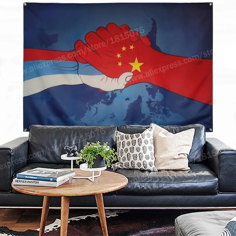 Friendship Flag Banner Polyester 96cm* 144cm Hang On The Wall 4 Grommets Custom Indoor China Russia Shake Hands | Дом и сад