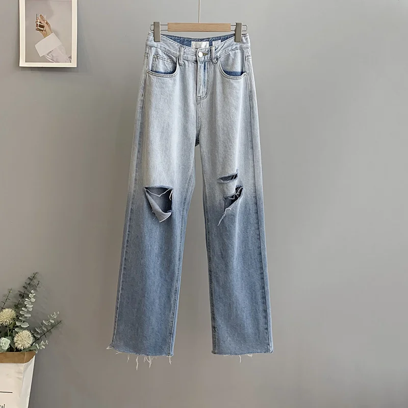 

Gradient Light Blue Ripped Cut Wide Leg Jeans Women 2021 Summer Jeans Hole Capris Loose Thin Straight Pants