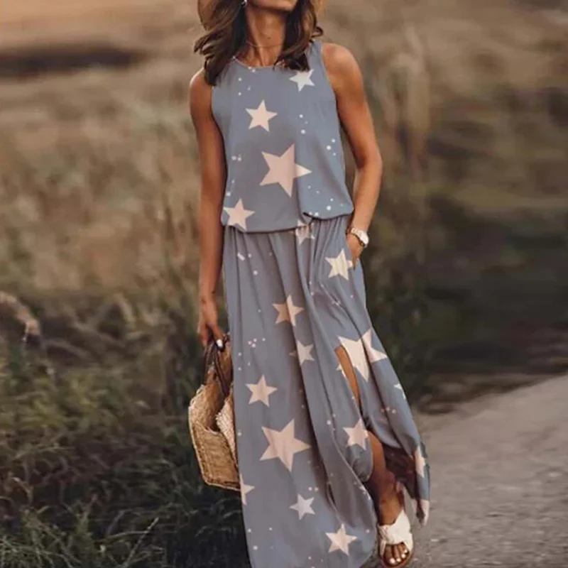 

Casual Women Polka Dot Long Dress Summer Sleeveless O-Neck Party Dresses Vintage Loose Split Beach Maxi Dress Vestidos