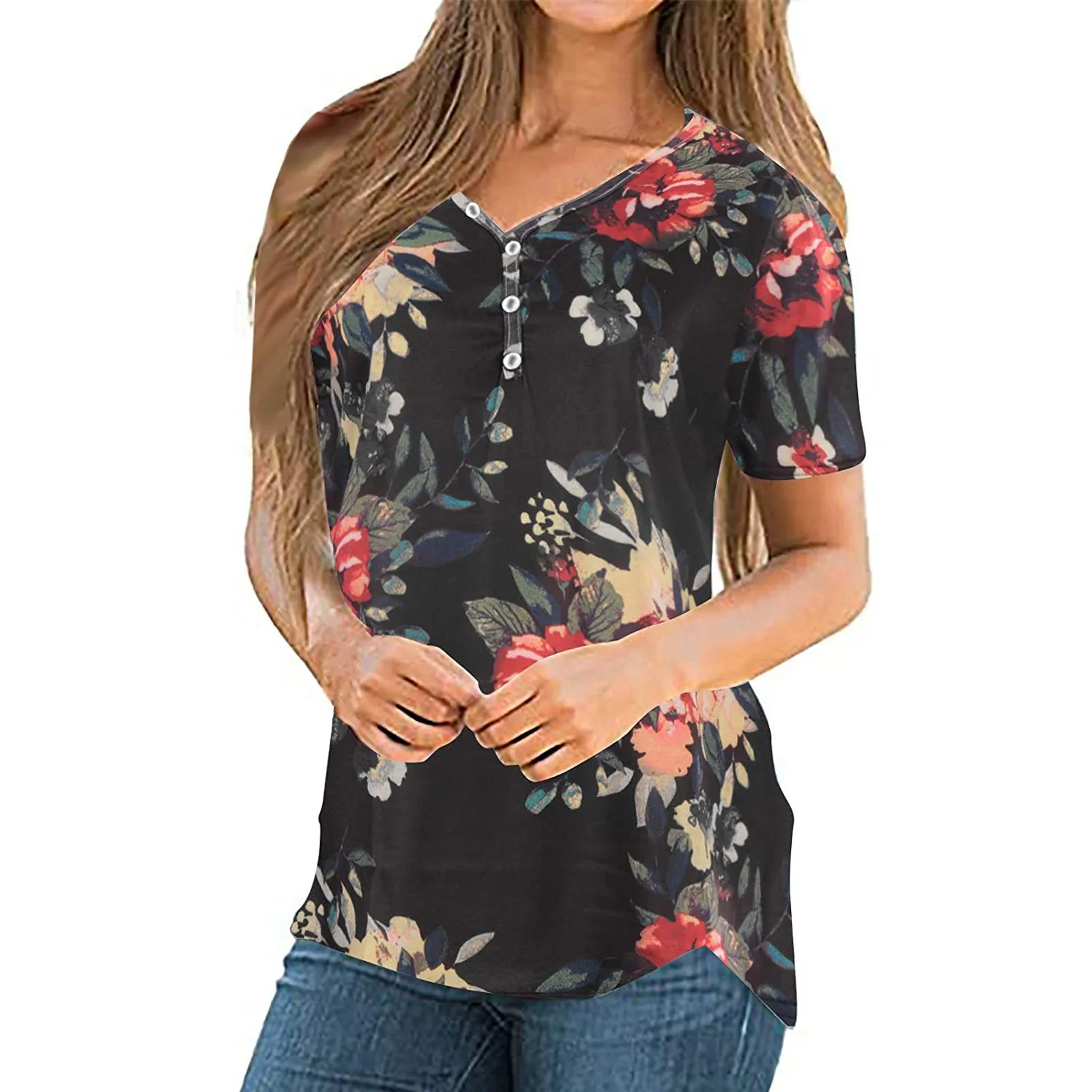 

Flower Plus Size Tops For Ladies Blusas Mujer 2021 Fashion Womens Buttons Prints V-neck Irregular Casual Short Sleeves Tops