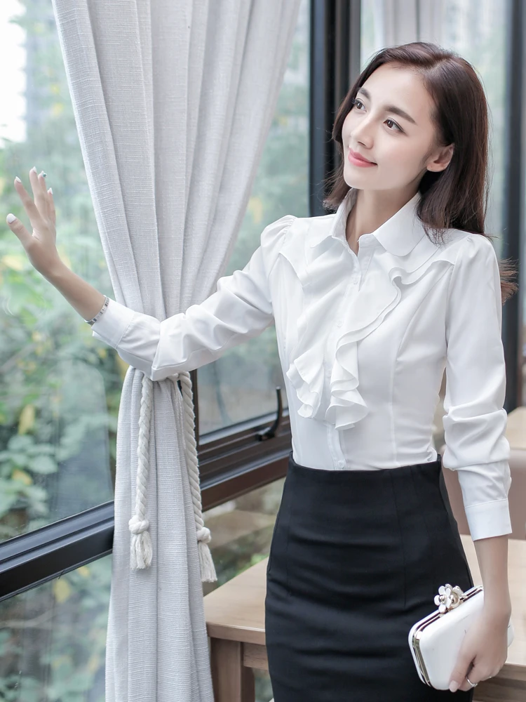 Women Long Sleeve Ruffle Shirt Solid Purple White Korean Slim Chiffon Ol Work Shirts Blouses Office Ladies Formal Tops Clothes