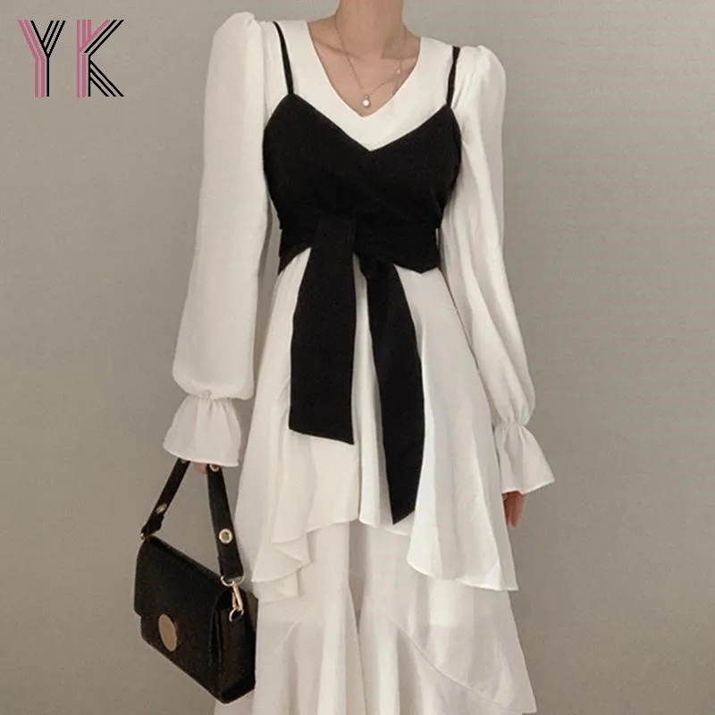 Pleated Dress And Black Strapless Tube Top Two-Piece Korean Style Skirt Female Matching Suit Casual Streetwear Fashion Sets