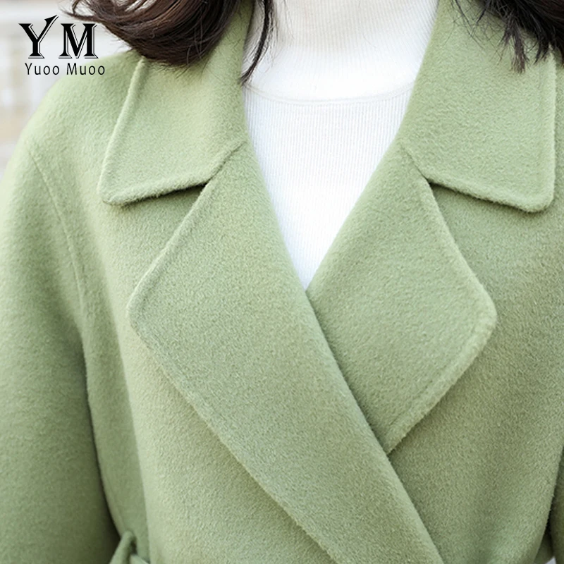 Женское шерстяное пальто YuooMuoo длинное зеленое с отложным воротником и поясом в