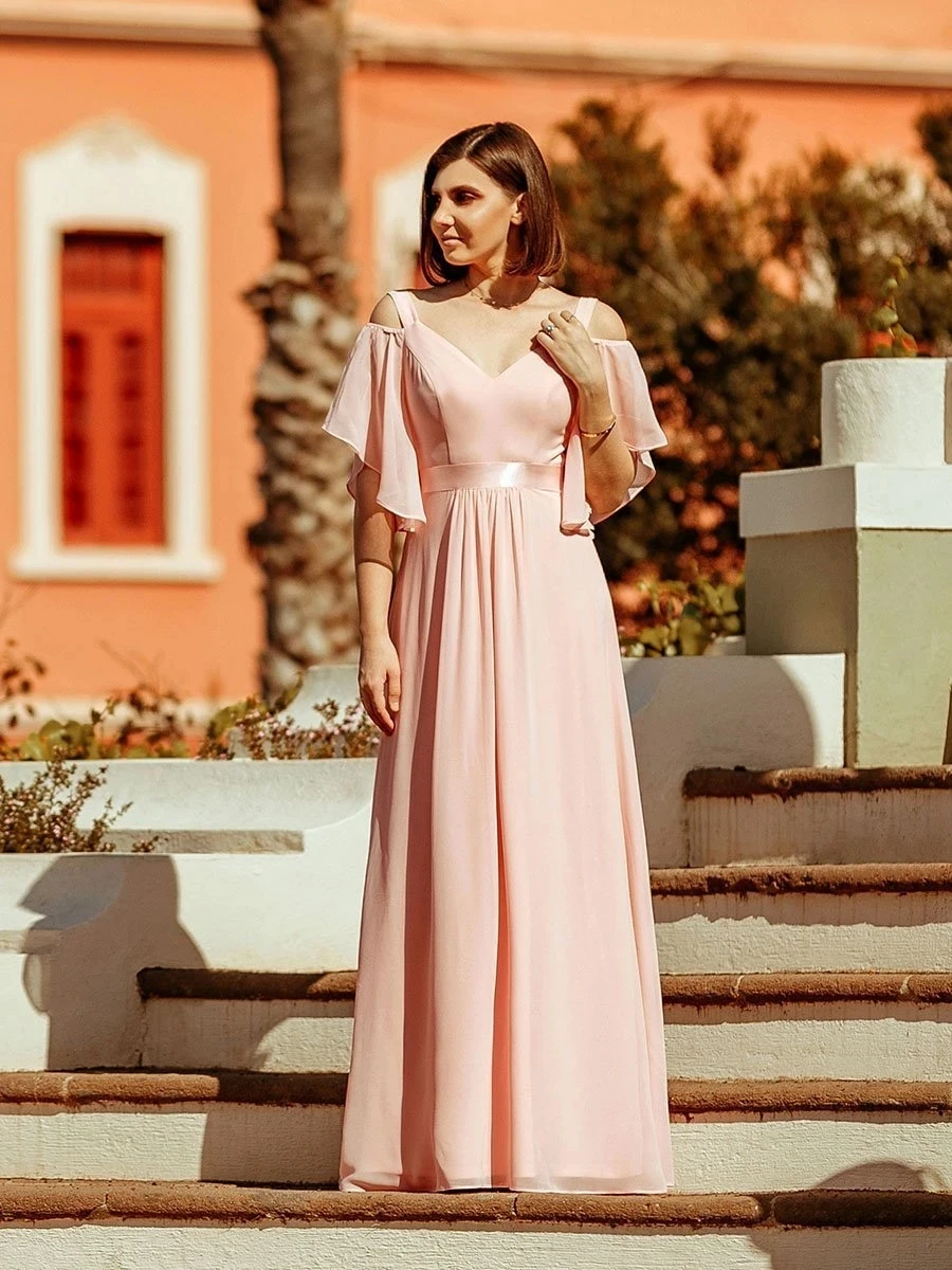 

Cold Shoulder Chiffon Wholesale Bridesmaid Dress with Ruffle Sleeves