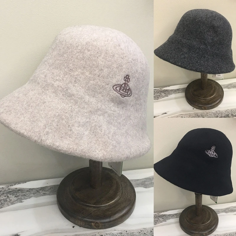 Cute Small Brim Saturn Embroidery Bucket Hat Wool Fisherman Hat Trend Plush Bucket Hat Outdoor Fall Winter All-match