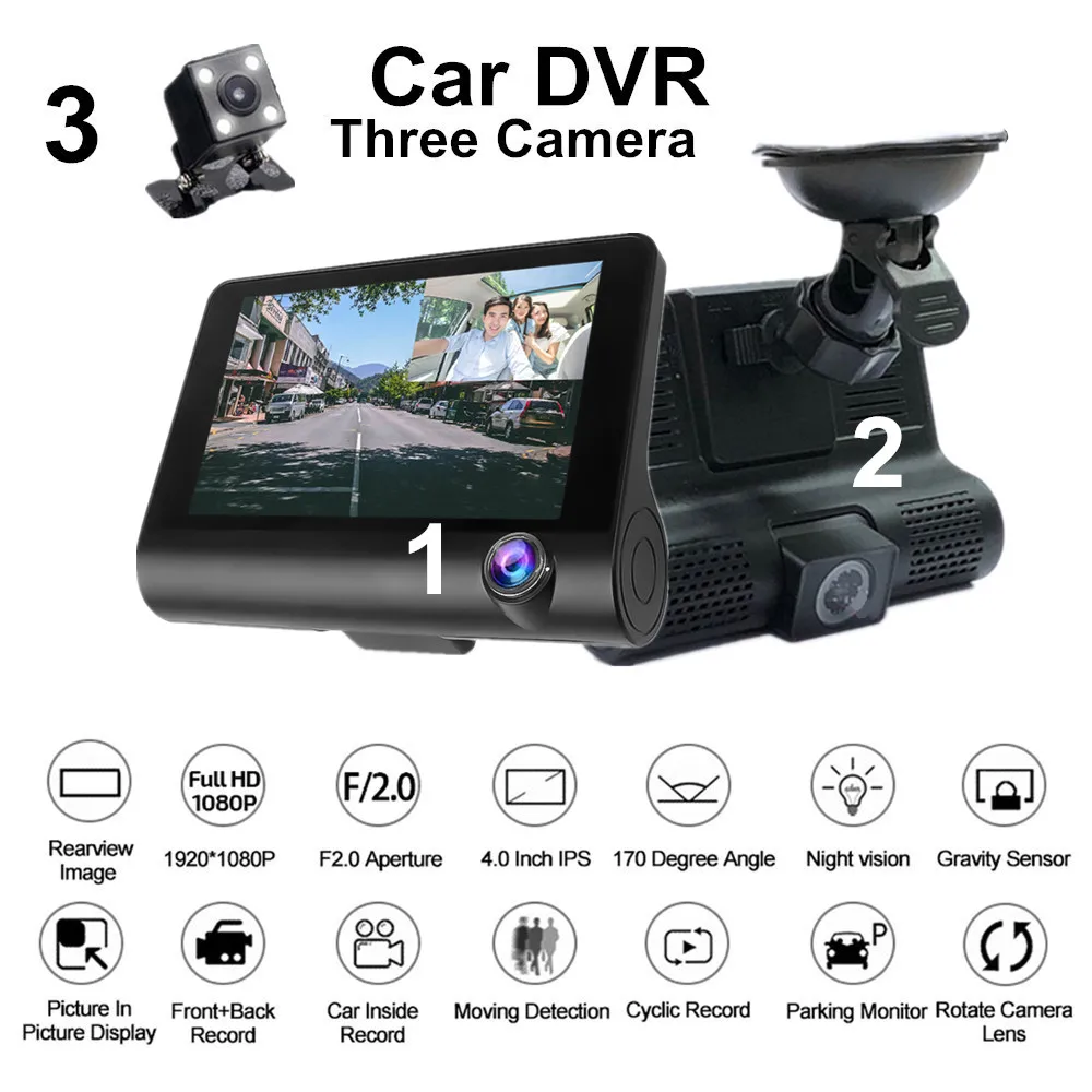 

3 Lens 4" Car DVR 3 Cameras Fornt+Interior+Rearview Mirrors Dash Camera G-sensor Dual Lens Auto Registrator Video Recorder ZW-3