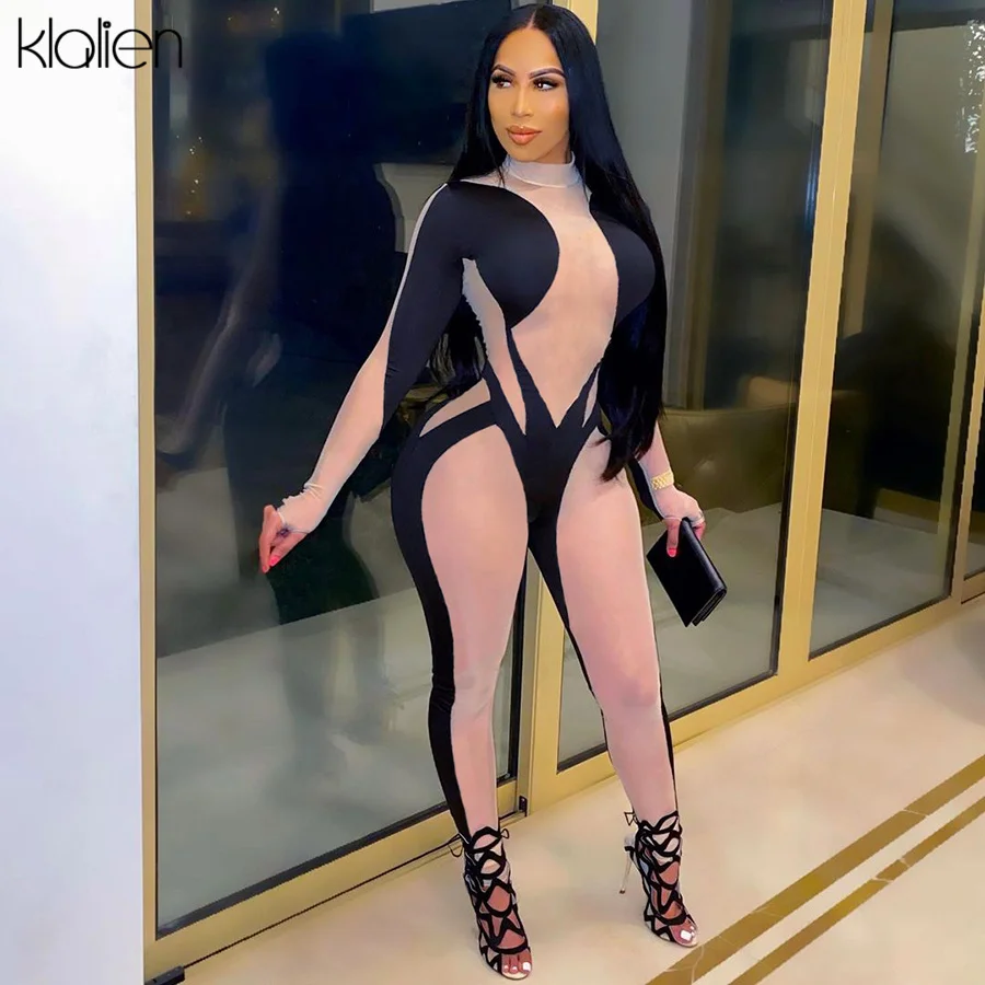 

KLALIEN Casual Print Zipper Long Sleeve Turtleneck Jumpsuit Spring Autumn New Skinny Elastic Streetwear Female Fitness Romper