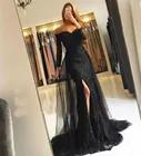 Женское кружевное платье-русалка, черное платье до бедра с открытыми плечами, длинными рукавами, разрезами, на заказ, для выпускного вечера, вечерние платья с аппликацией