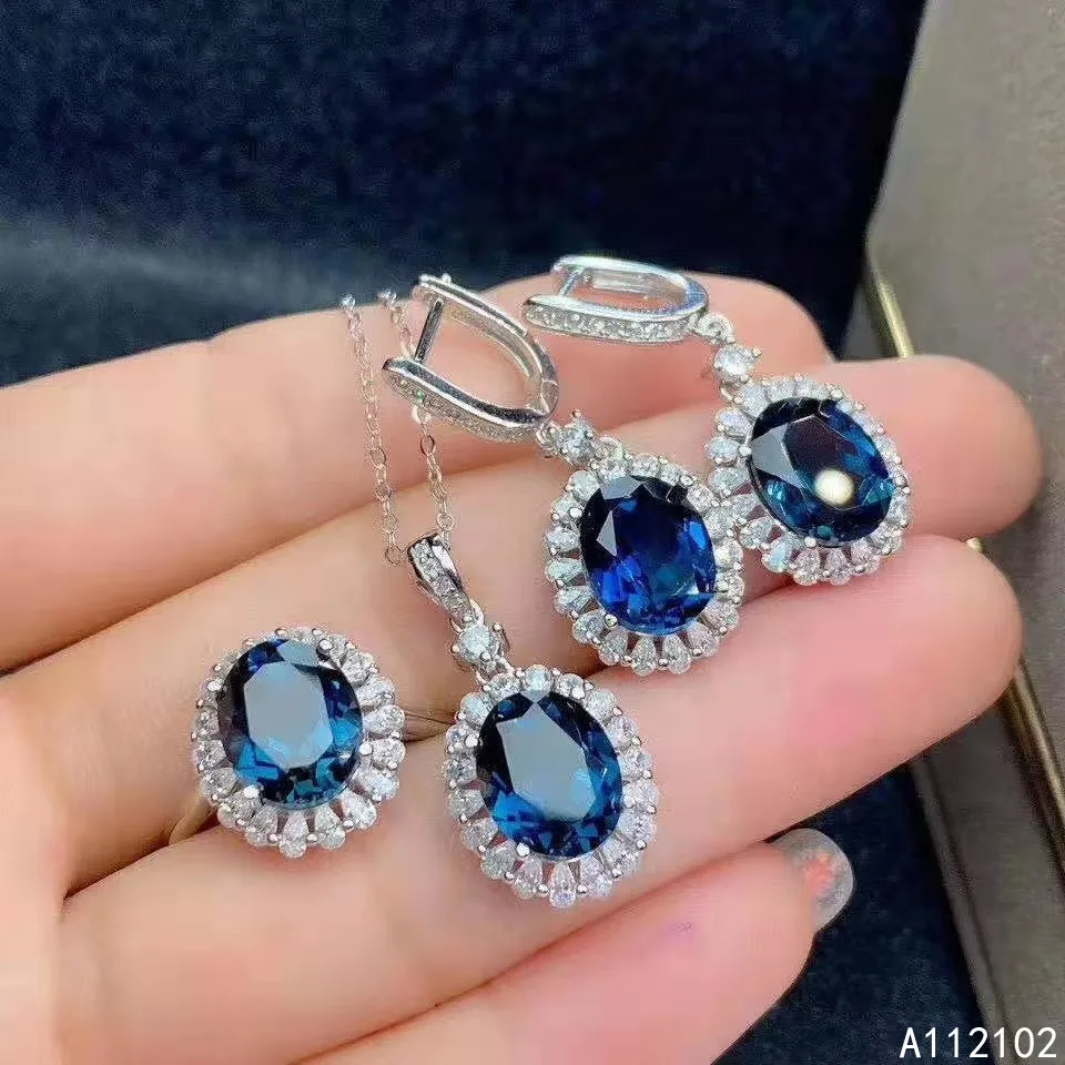 

KJJEAXCMY fine Jewelry 925 sterling silver inlaid natural blue topaz popular pendant ring earring set support test hot selling