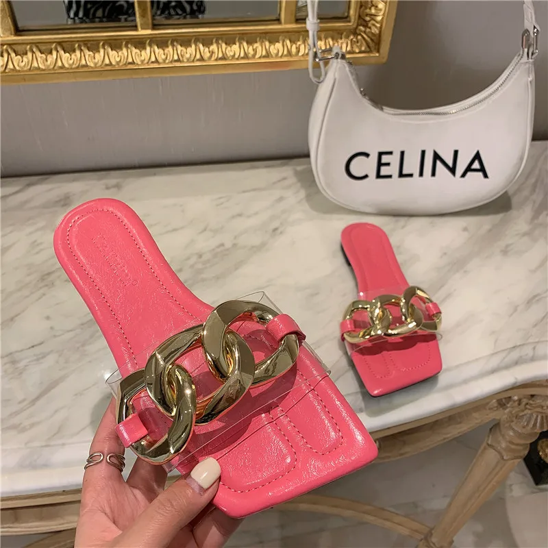 

Fashion Women Slippers Metal Chain Open Toe Transparent Slides Party Pumps Flats Heeled Casual Flip Flops Mules Shoes Woman 39
