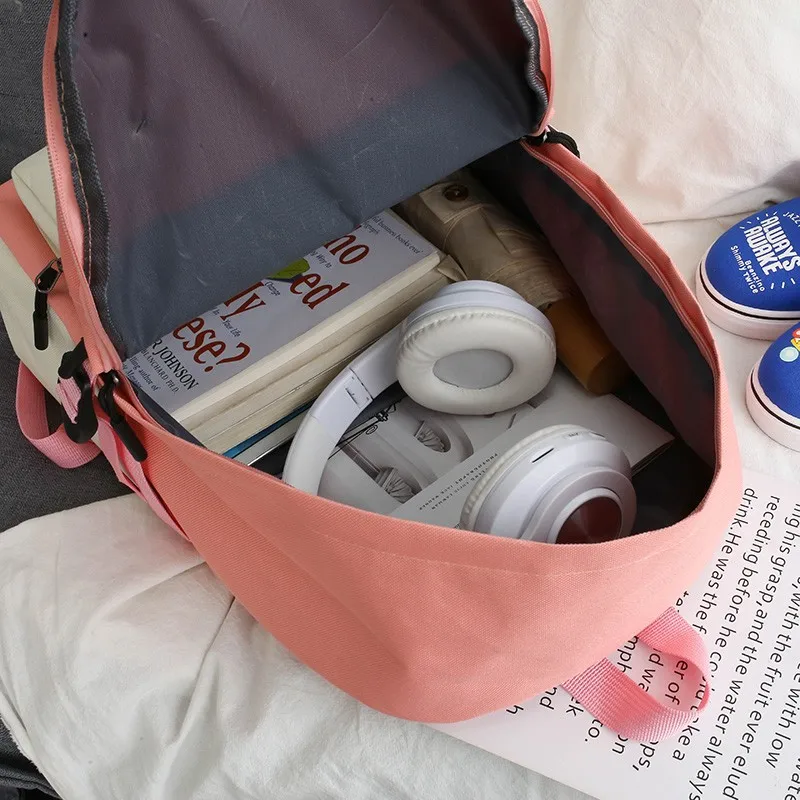 

School Bag For Girl Women Backpack 4pcs Sets Casual Backpack Student New Kawaii Canvas Cute College Ladies Badge Shoulder Bag