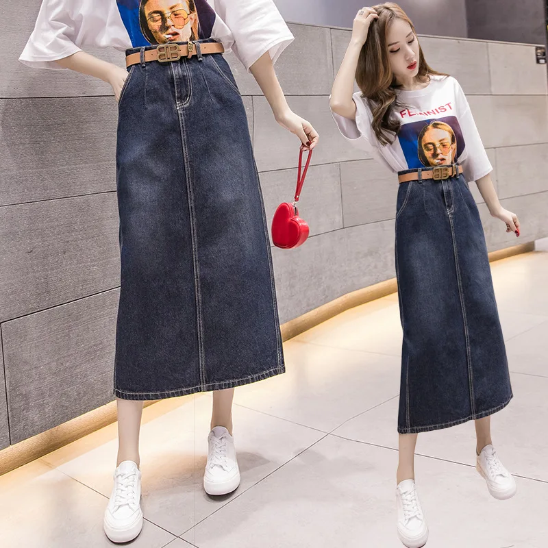 

2020 New Korean Version of High Waist Holographic Long Joker Hip Wrap Split Slim Jeans Skirt Boutique Women Clothing Jean Skirt