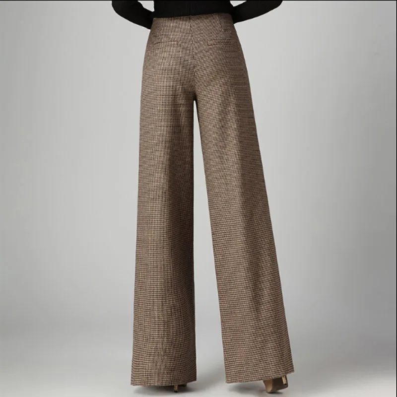 Unique Design Women 2018 Spring Autumn Wide Leg Pants Casual Woolen Trousers Houndstooth Straight Loose Long Pants High Waist OL