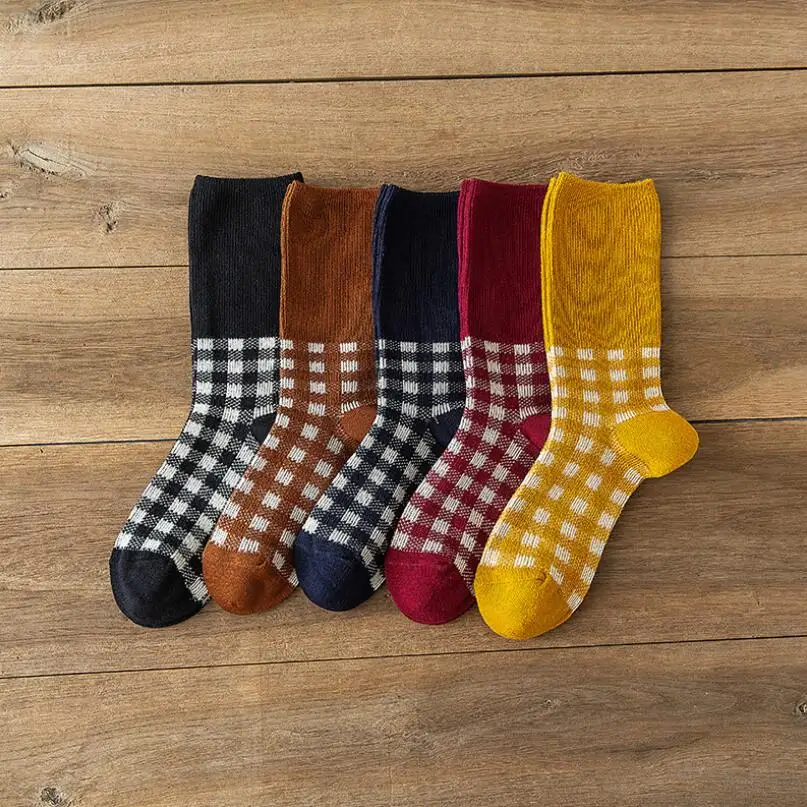 Students Check Crew Sock Ladies Knee High Winter Socks Girls Thick Cotton Plaid Socks Woman Black White Checked Ankle Socks