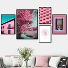 Настенная картина с розовым домом, деревом, лодкой, рекой, окном, цветами, настенная Картина на холсте, скандинавские плакаты и принты, настенные картины для декора гостиной