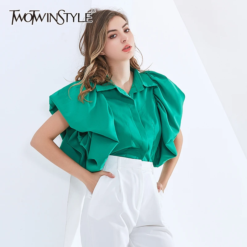 

TWOTWINSTYLE Vintage Shirts For Women Lapel Butterfly Short Sleeve Patchwork Ruffles Designer Top Blouses Female 2020 Autumn New