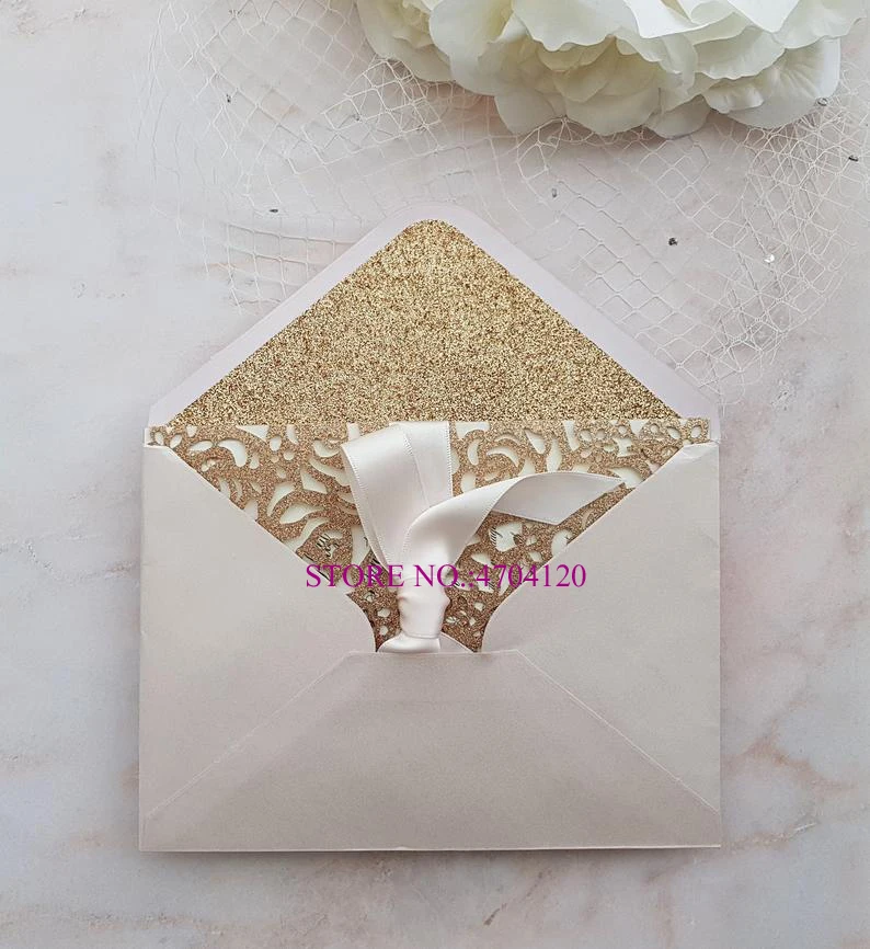 Приглашения на свадьбу с лазерной резкой розовое золото 50 шт. лентой цвета