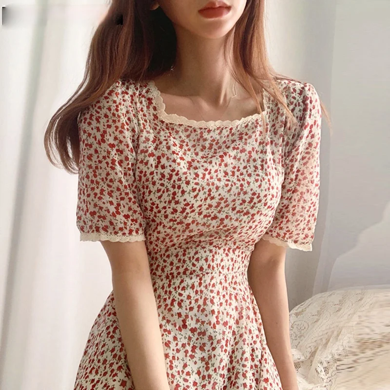 

Elegant Square Collar Short Sleeve Dress Lace Patchwork Floral Print Slim Waist A Line Dresses Korean Style Vestidos