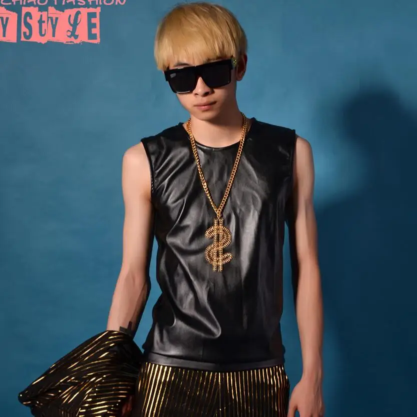 

The Europe And United States Large Size Black Pu Leather Dj Hip-hop Nightclub Bar Men Singer Stage Performance Clothing/s-5xl