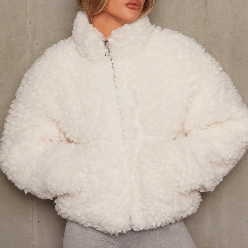 

Autumn Winter Ladies Warm Fleece Coat CardiganNew Fashion Zipper Stand Collar Ladies Jacket Tops Elegant Solid Loose Outerwear