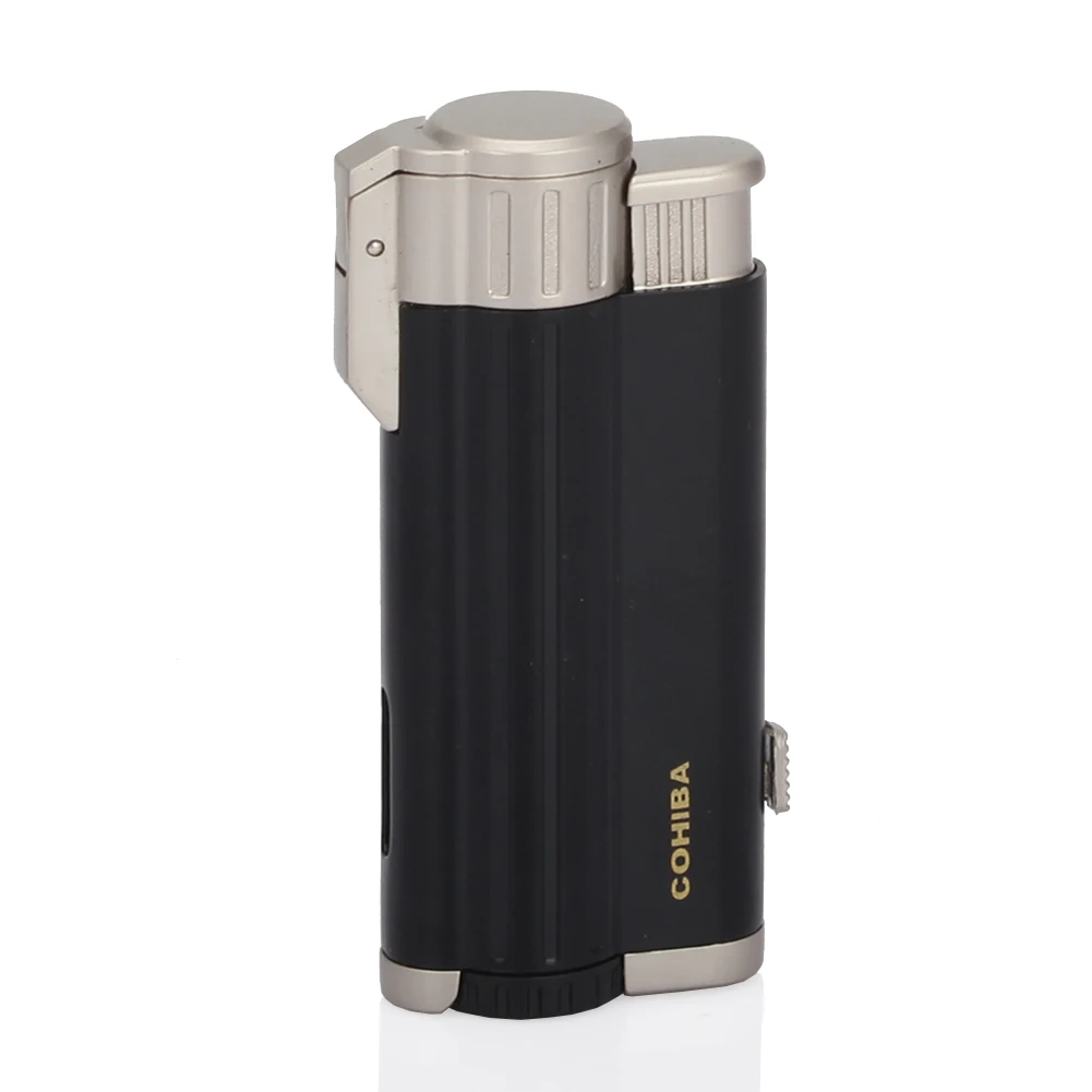COHIBA карманные зажигалки для сигар 3 струйный фонарь ветрозащитная зажигалка бутан металлическая портативная Зажигалка для прикуривателя многоразовая W/Подарочная коробка - Цвет: BLACK