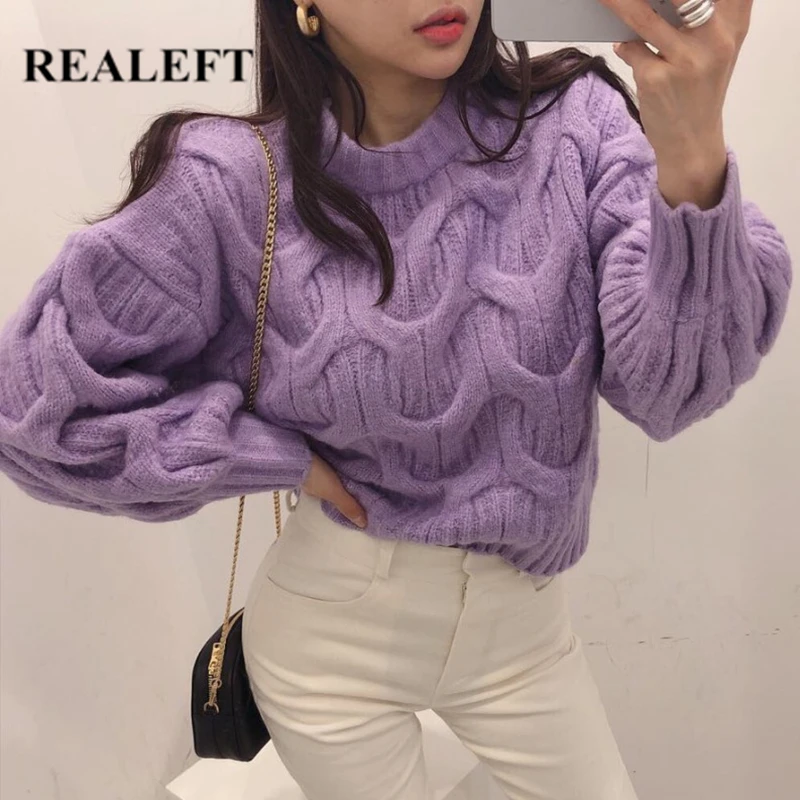 

REALEFT 2021 Autumn Winter Warm Lantern Sleeve Women's Sweaters O-Neck Casual Twist Knitting Pullovers Female Knitwear Chic Tops