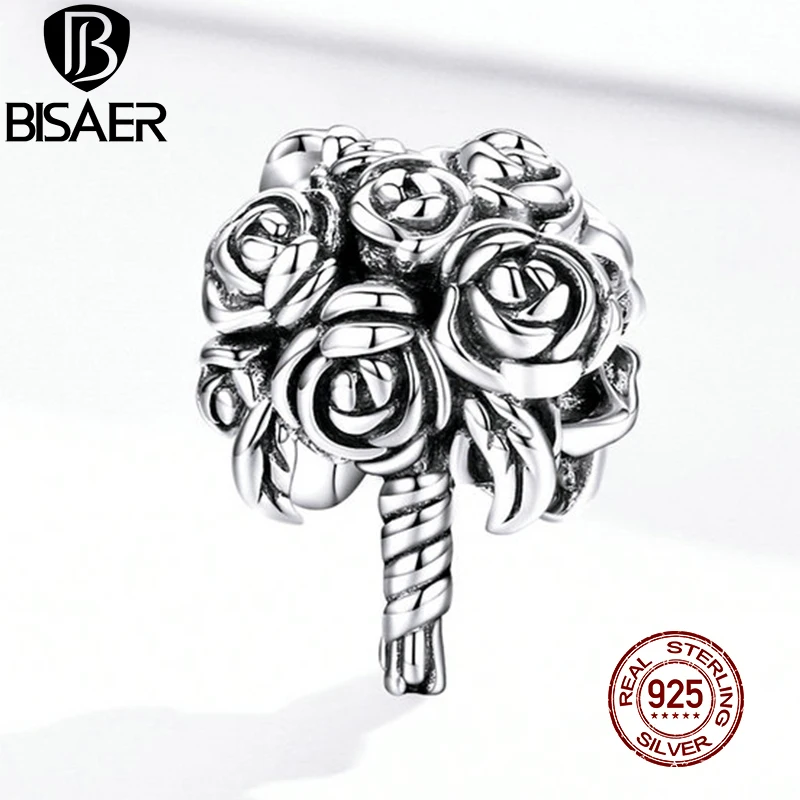 

BISAER Bridal Bouquet Bead 925 Sterling Silver Flower Charm Pendant Fit Bracelet Necklace Wedding Engagement Jewelry ECC1566