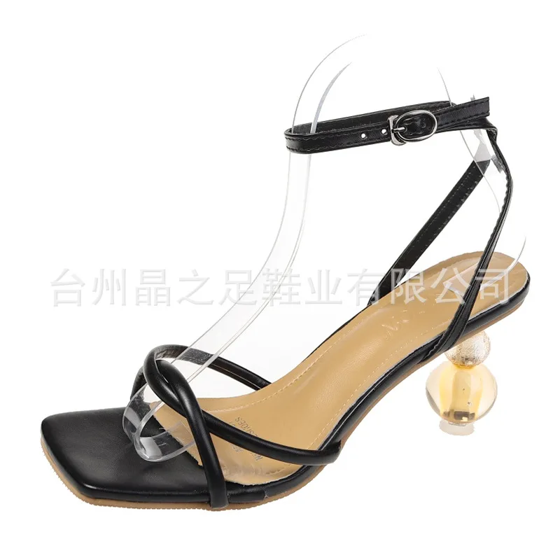 

Button sandals women's thick heel 2021 spring new square head sexy Fairy Cross with high heels