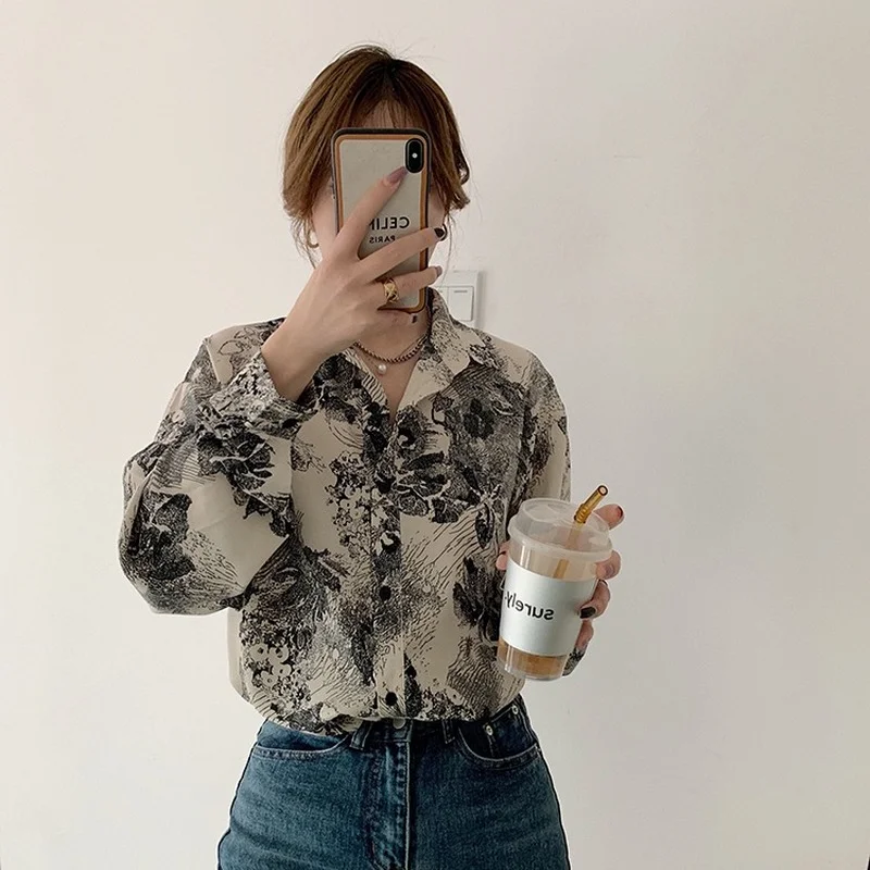 

Korejepo Women Blouse 2021 Spring Summer Korean Chic Retro Ink Painting Turn-down Collar Long Sleeve Loose Chiffon Shirt Female