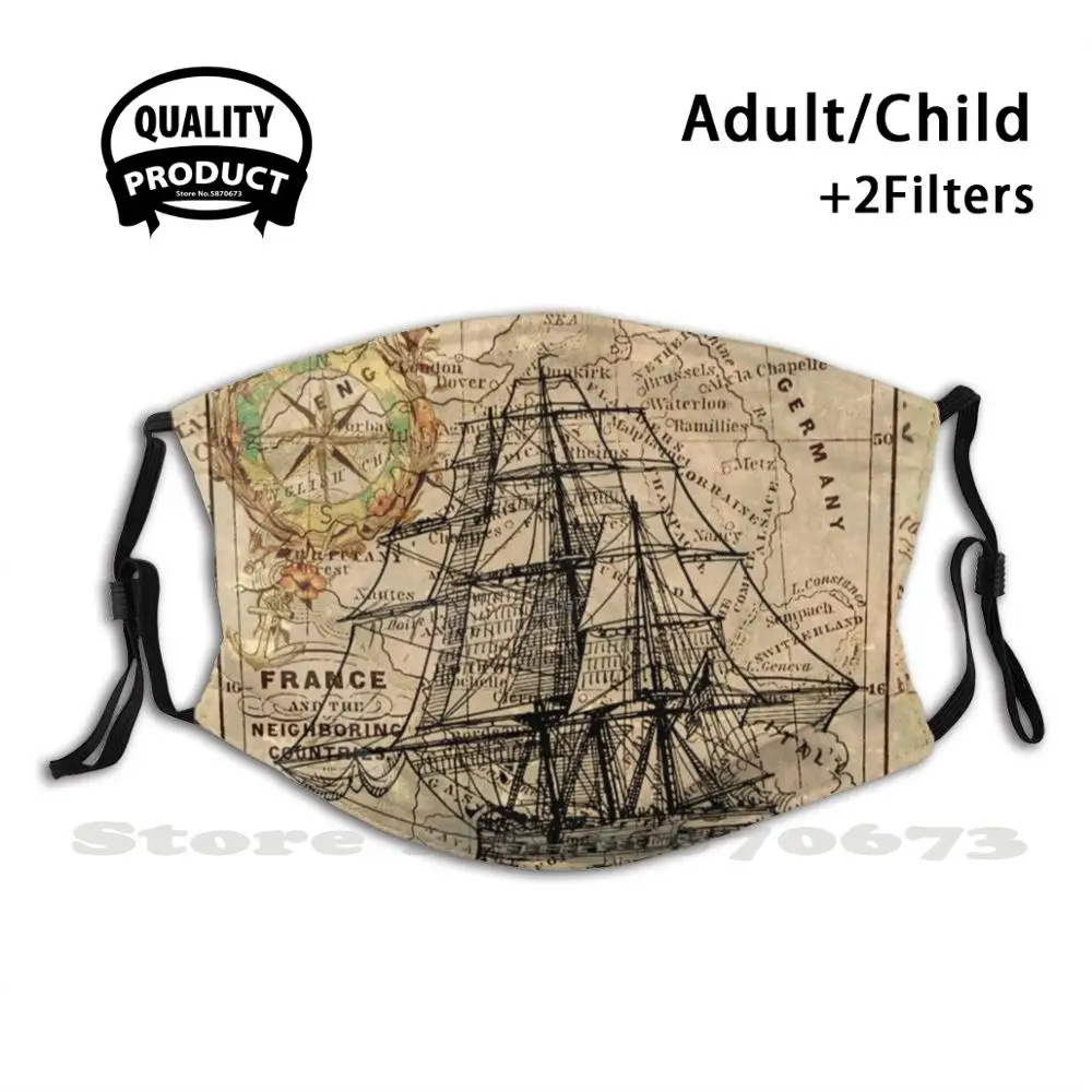 

Vintage Pirate Ship Sailor Antique World Map Anti Dust Filter Men Women Kids Girl Boy Teens Mouth Masks Ship Yacht Ocean Sea