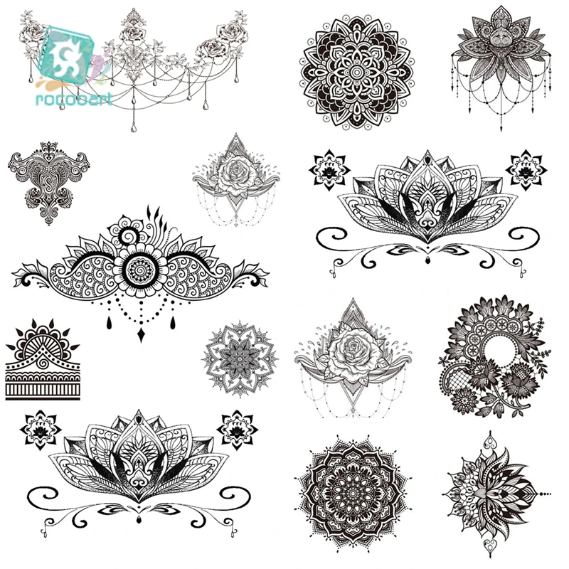 

Сексуальные черные цветки мандалы хной временные татуировки наклейки для женщин и девушек тело большой Бохо татуировка на руку искусствен...