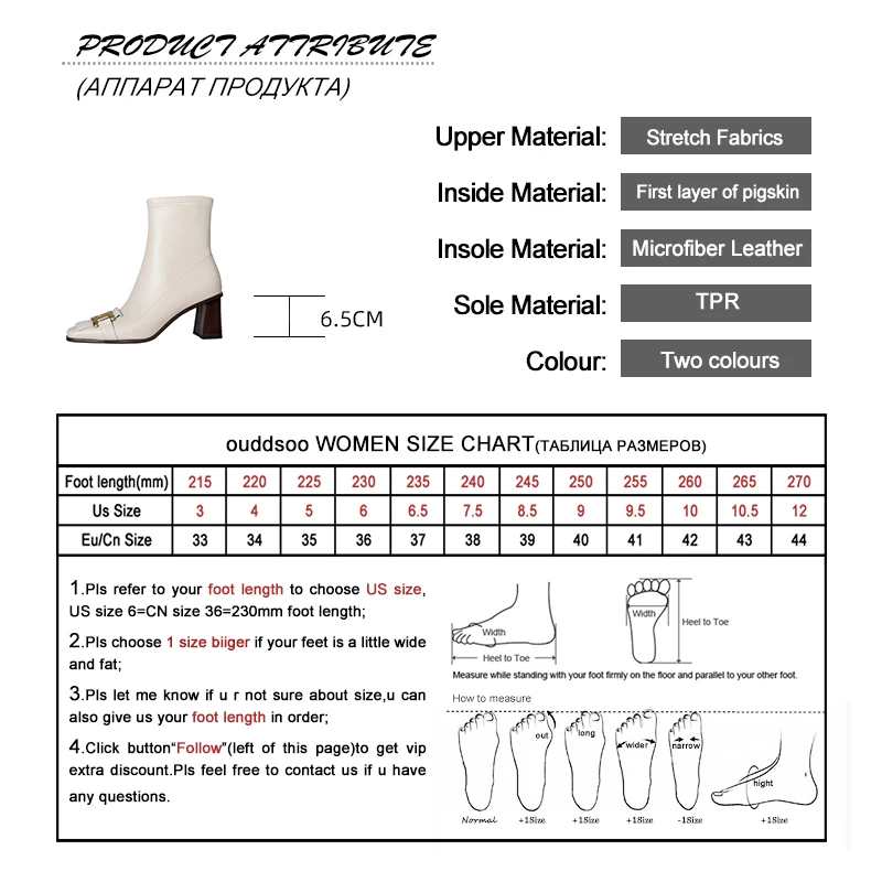 ODS Autumn Winter Black White Genuine Leather Ankle Boots For Women Square Toe Chunky Heel With Metal Buckle Plus Size 43