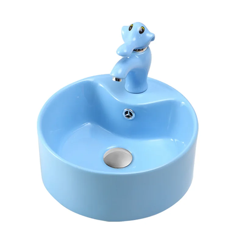 

Blue Children's Ceramic Wash Basin Yellow Countertop Sinks Vessel Bathroom Sink Bathroom Accessory Single Hole Sink Basins Set