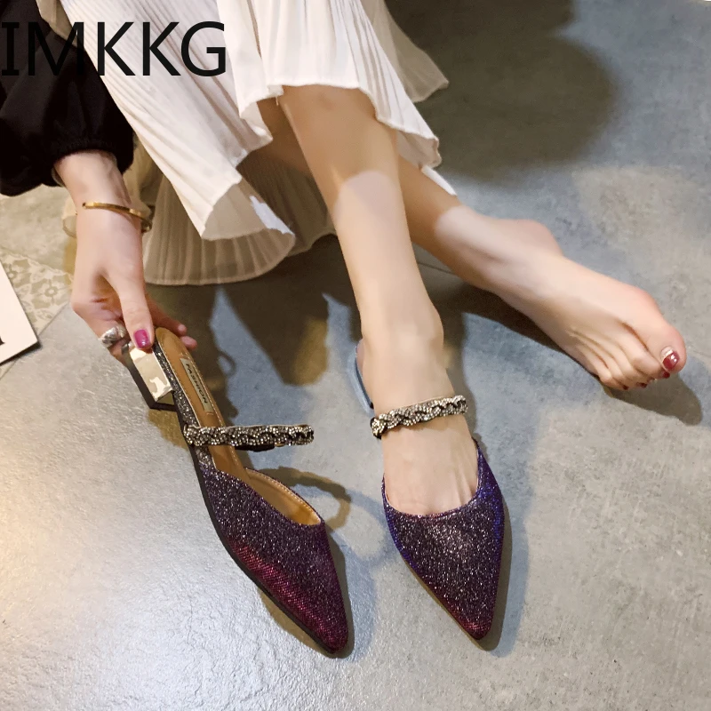 Мюли женские с заостренным носком ПУ кожа шлепанцы низкий каблук хрустальные