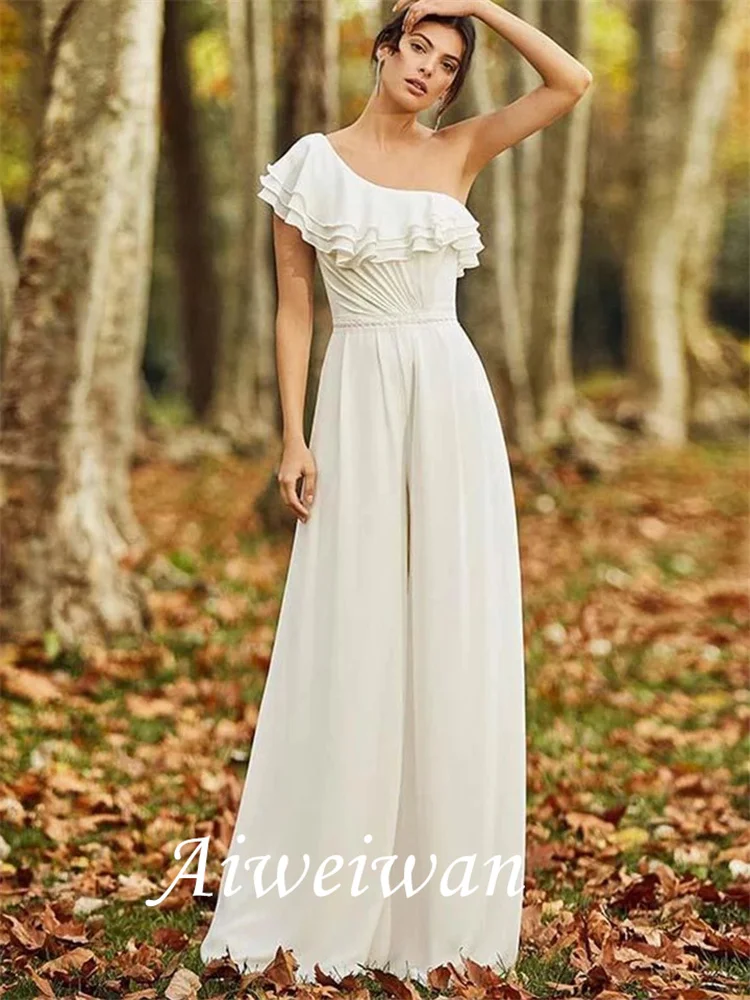 

Jumpsuits Wedding Dresses One Shoulder Floor Length Chiffon Sleeveless Simple Vintage with Pleats Ruffles 2021