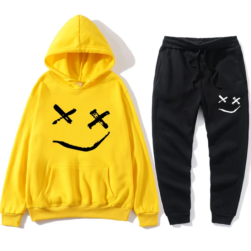 

New men's hoodie suit Printed smiley face tracksuit Sweatshirt suit hoodie fleece coat + sweatpants Jogging suit for men