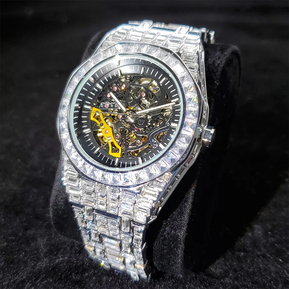 Hip Hop Men Iced Out Watch Automatic Mechanical Silver Baguette Diamond Wristwatch AAA Luxury Stainless Steel Clock Dropshipping