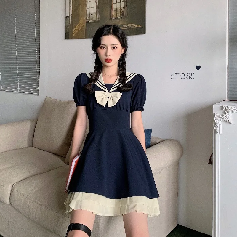 

Preppy style Slim dress women's summer short sleeve dress navy collar bow tie high waist pleated dresses japan style