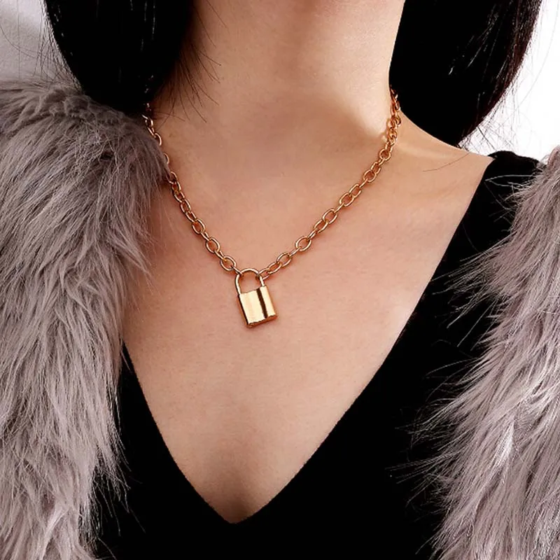 

Fashion padlock ladies necklace jewelry simple lock shape wild punk temperament pendant sweater chain female decorations