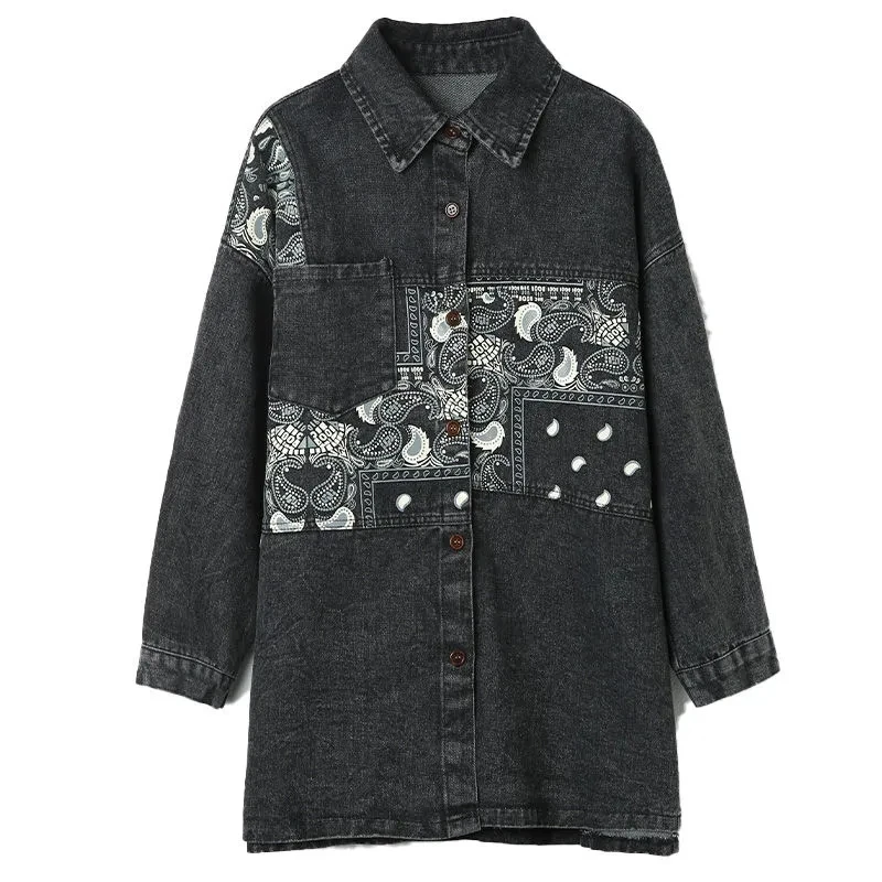 

Cowboy Jacket Women 2022 Spring Autumn Loose Outerwear Printed Denim Jackets Mid-Length Fashion Coat Female 5XL