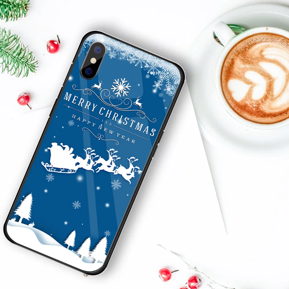 Роскошный Рождественский чехол для iPhone X XS XR XSMAX, жесткий стеклянный чехол Чехол для iPhone 5 5S SE 6 6S 7 8, новогодний подарок, Conque