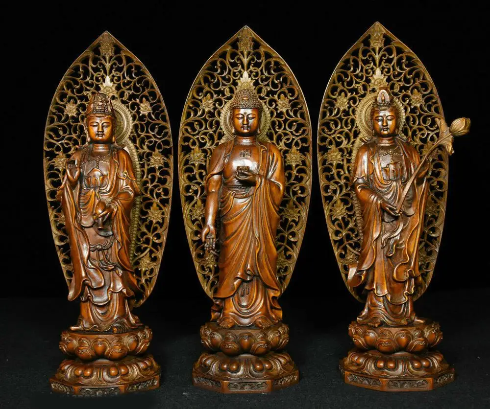 

wedding decoration 11" Old Tibet Buddhism Boxwood Wood Carved Sakyamuni GuanYin Buddha Statue Set