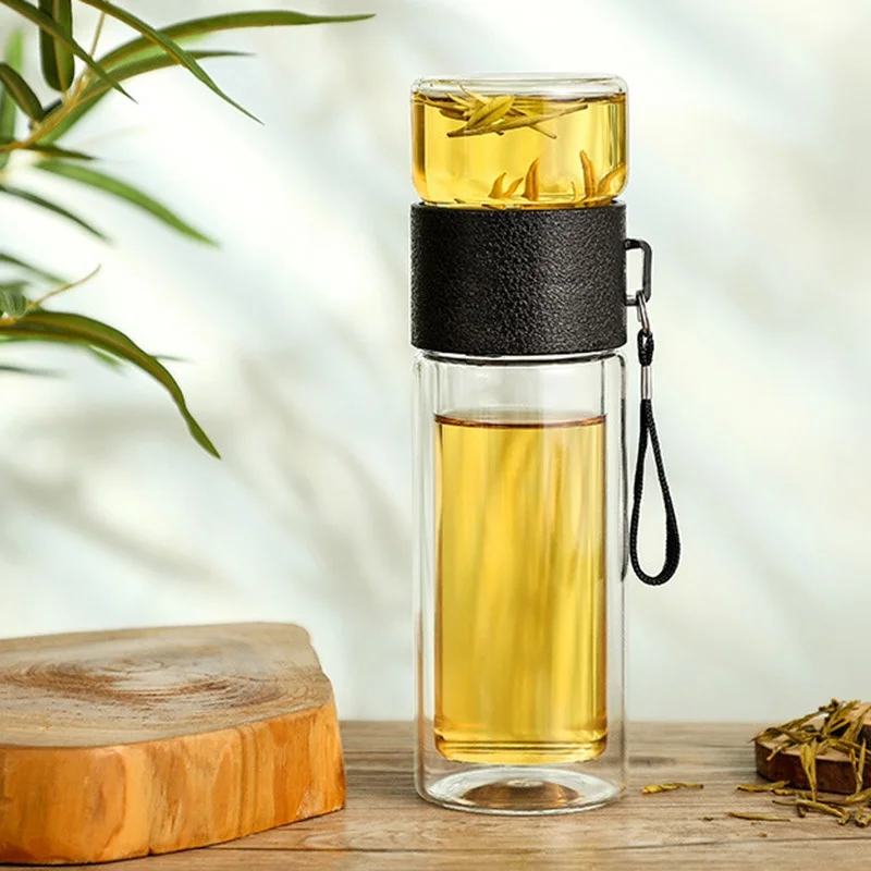 Двухслойная стеклянная бутылка для воды портативная уличная с фильтром и
