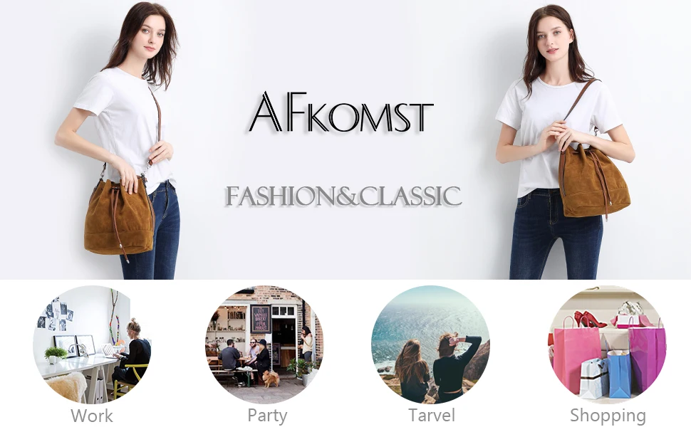 AFKOMST сумка-мешок на шнурке для женщин, большой коричневый кошелек через плечо и сумка на плечо, замшевые сумки, высокое качество, HD-70186